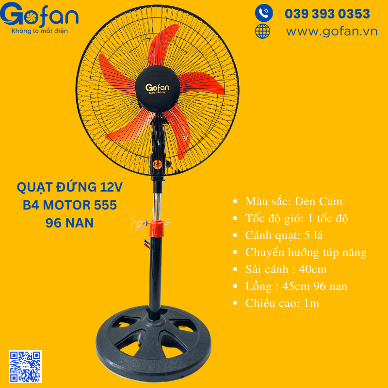 Quạt 12v dc kẹp bình ắc quy - GOFAN- Sải cánh 40cm lồng 45cm 96 nan-motor 555- công suất 26w-sãn kho HCM