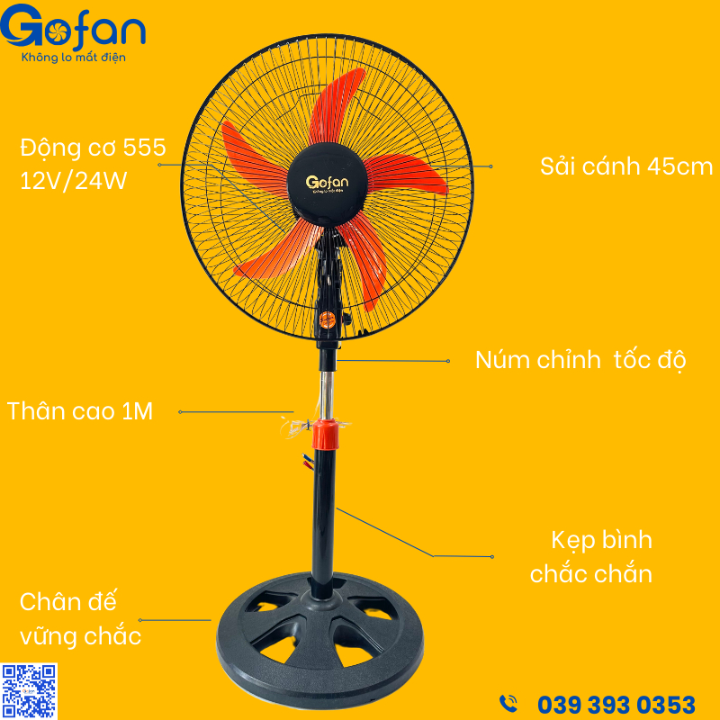 Quạt 12v dc kẹp bình ắc quy - GOFAN- Sải cánh 40cm lồng 45cm 96 nan-motor 555- công suất 26w-sãn kho HCM