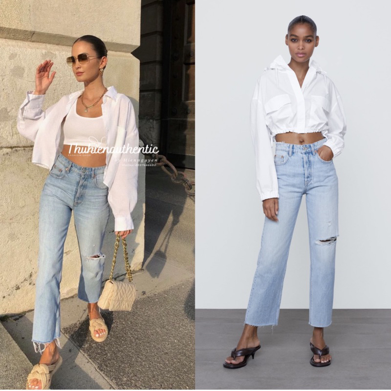 (Sẵn eo 68/70) Quần jean rách gối eo cao màu xanh vintage mã code: 4365/034/485 ZARA chính hãng(kèm ảnh thật)