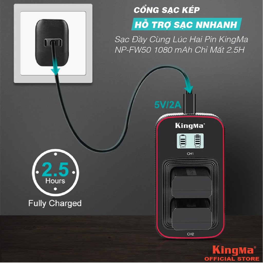 Bộ 2 Pin + 1 Dock Sạc Đôi NP-FW50 Chính Hãng KINGMA. Dung Lượng 1080mAh. Phiên Bản Mới Nhất V3 ( Bảo Hành 12 Tháng )