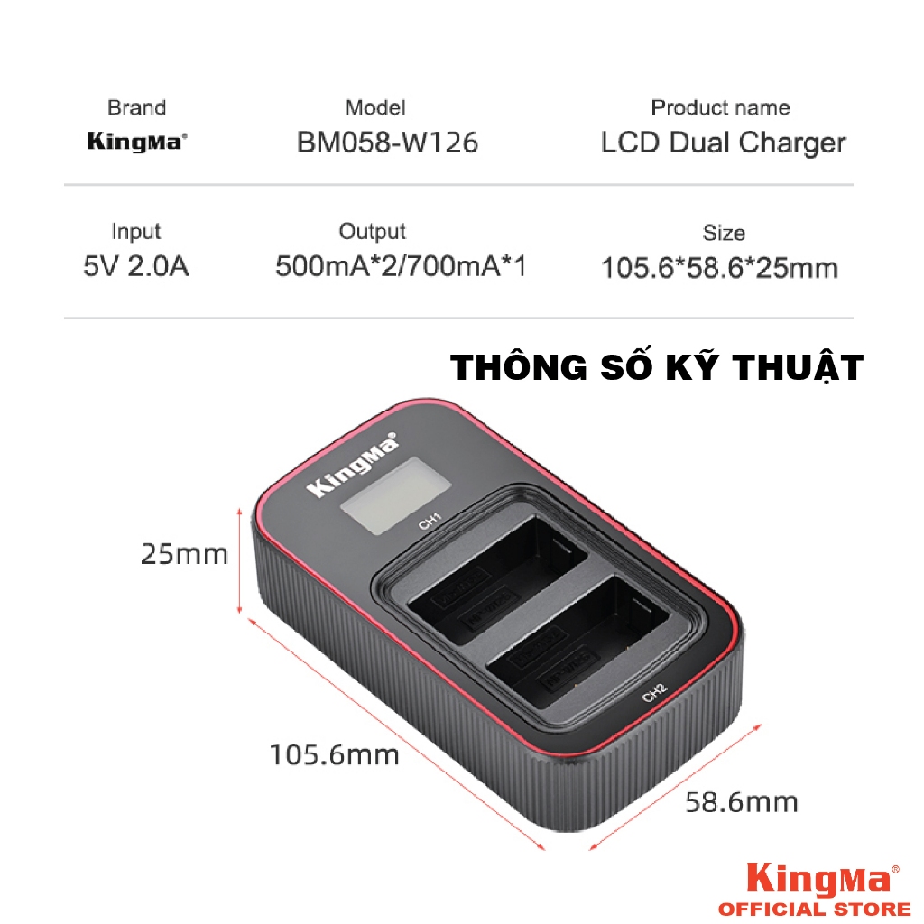 Bộ 2 Pin + 1 Dock Sạc Đôi NP-W126/126S Chính Hãng KINGMA. Dung Lượng 1140mAh. Phiên Bản Mới Nhất V3 (Bảo Hành 12 Tháng)