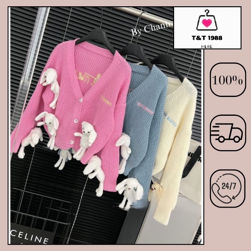 Áo khoác len Cardigan nữ đính gấu 3 màu trắng, hồng, xanh siêu xinh