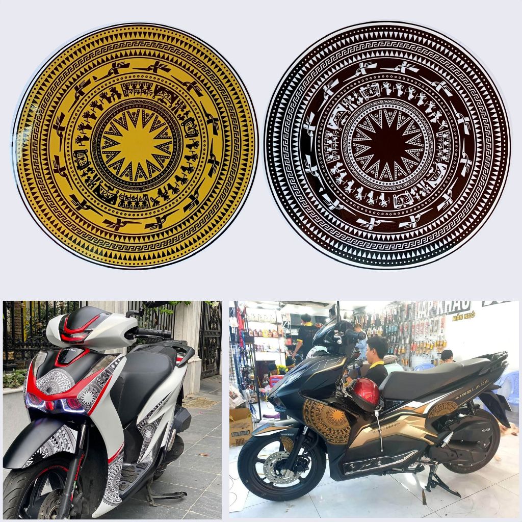 Hình dán Decal trống đồng kích thước nhỏ trang trí xe máy, xe đạp điện, mặt nạ xe vespa, che vết xước, Tem Dán Xe