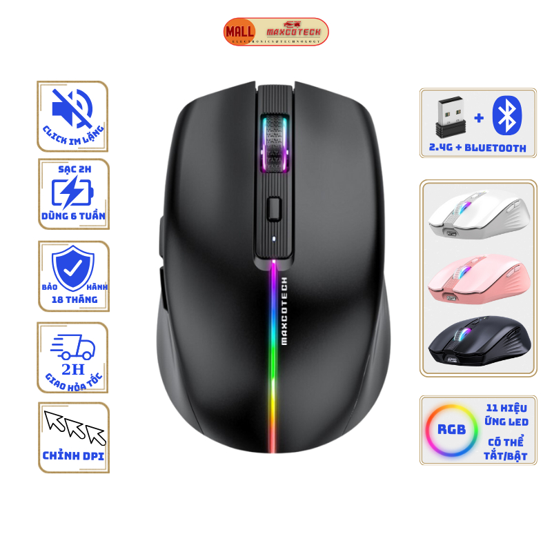 Chuột không dây Maxcotech M22 Silent giảm ồn - kết nối không dây qua đầu thu USB 2.4 Ghz và bluetooth