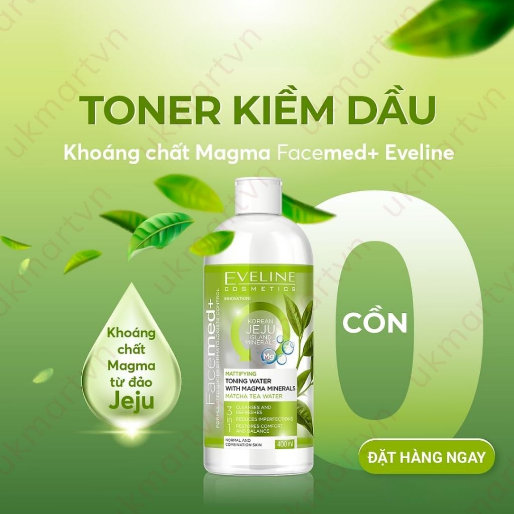 Nước Hoa Hồng EVELINE Chiết Xuất Trà Matcha 400ml Toning Water With Magma Mineral Matcha Tea Water