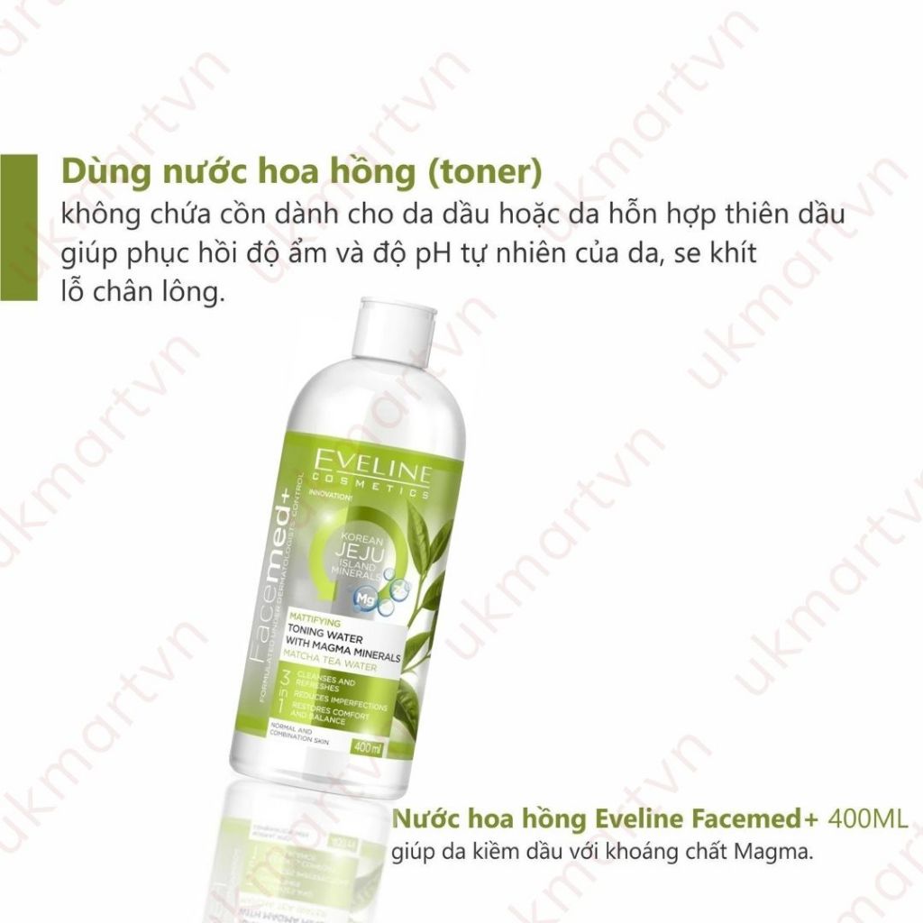 Nước Hoa Hồng EVELINE Chiết Xuất Trà Matcha 400ml Toning Water With Magma Mineral Matcha Tea Water