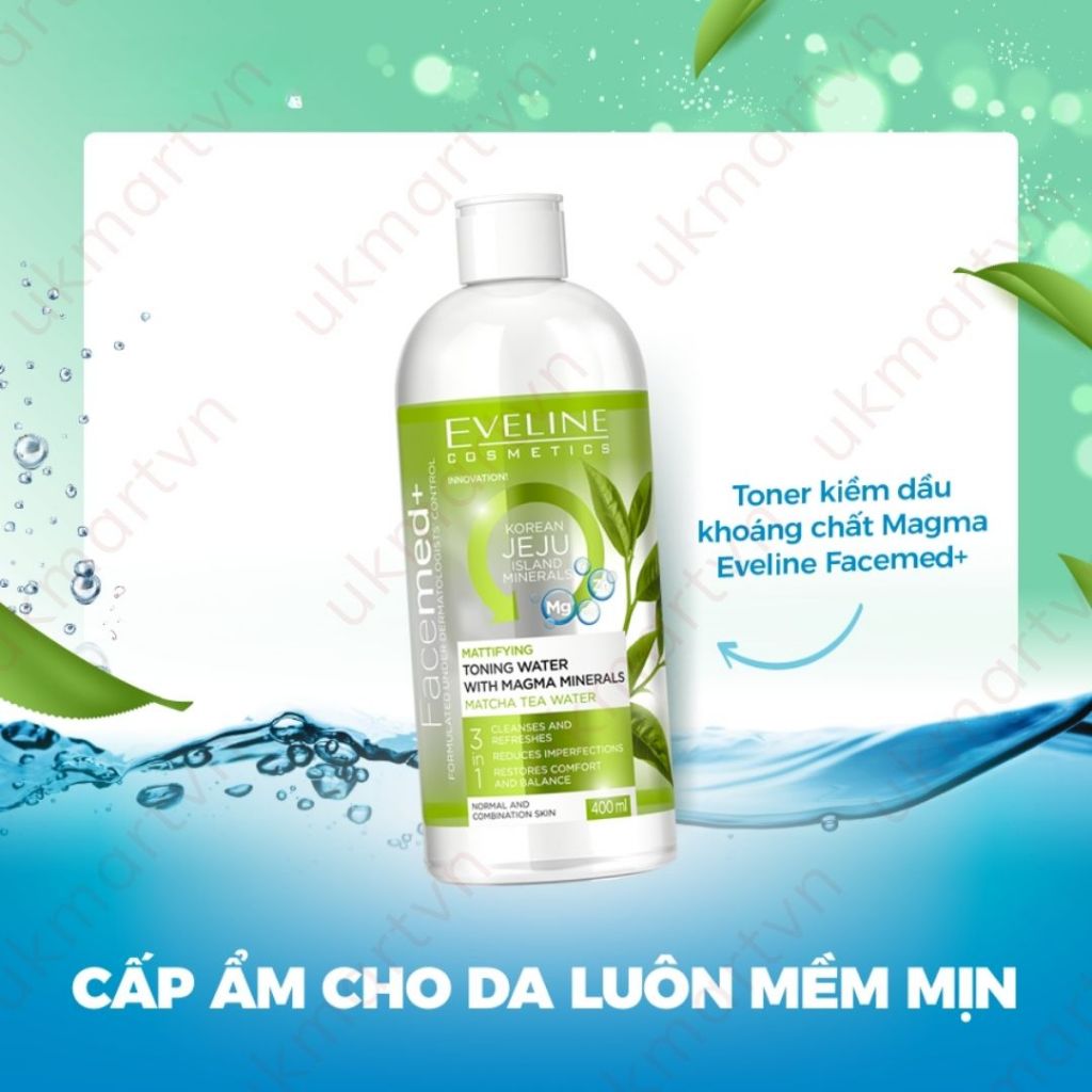 Nước Hoa Hồng EVELINE Chiết Xuất Trà Matcha 400ml Toning Water With Magma Mineral Matcha Tea Water