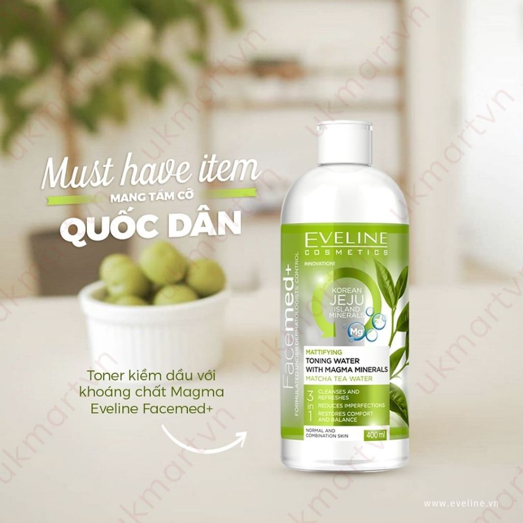 Nước Hoa Hồng EVELINE Chiết Xuất Trà Matcha 400ml Toning Water With Magma Mineral Matcha Tea Water