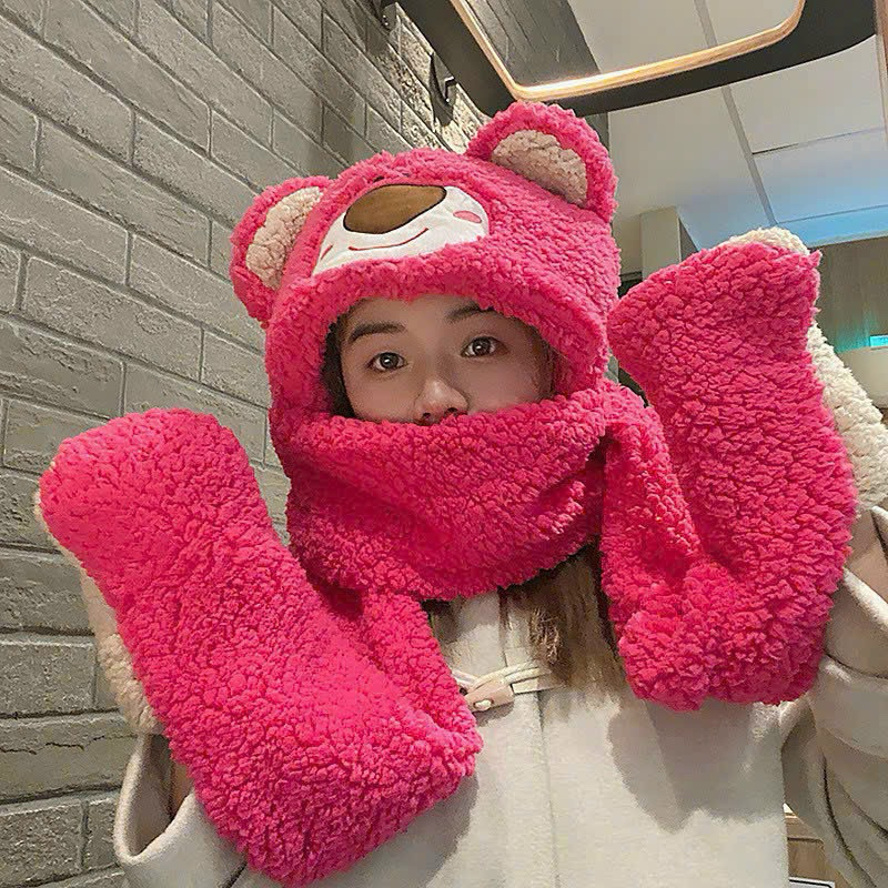 Mũ lông gấu Lotso hồng 3in1 ấm áp