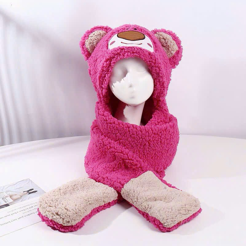 Mũ lông gấu Lotso hồng 3in1 ấm áp