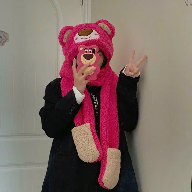 Mũ lông gấu Lotso hồng 3in1 ấm áp