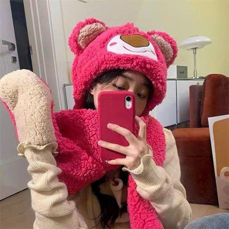 Mũ lông gấu Lotso hồng 3in1 ấm áp