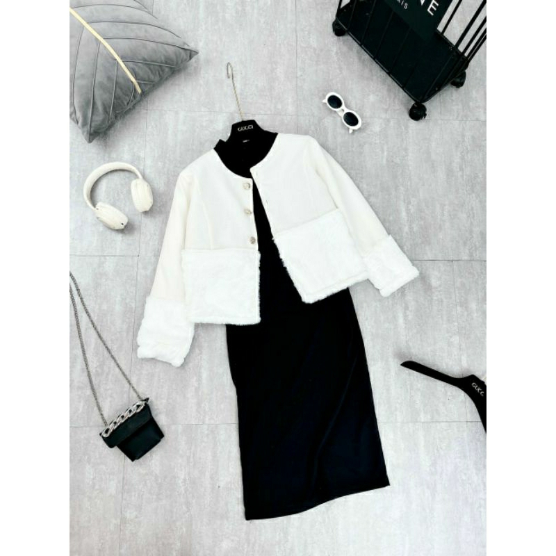 SET VÁY CỔ LỌ KÈM KHOÁC NGOÀI LÔNG XINH