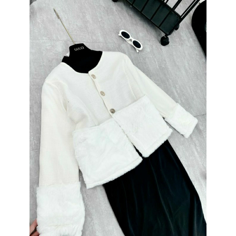 SET VÁY CỔ LỌ KÈM KHOÁC NGOÀI LÔNG XINH