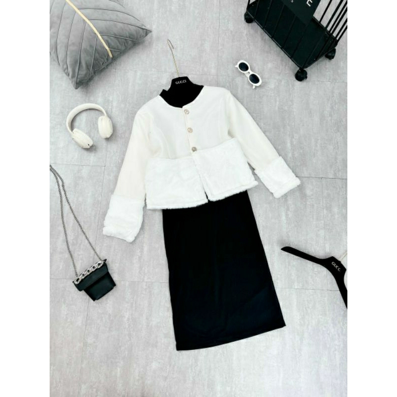 SET VÁY CỔ LỌ KÈM KHOÁC NGOÀI LÔNG XINH