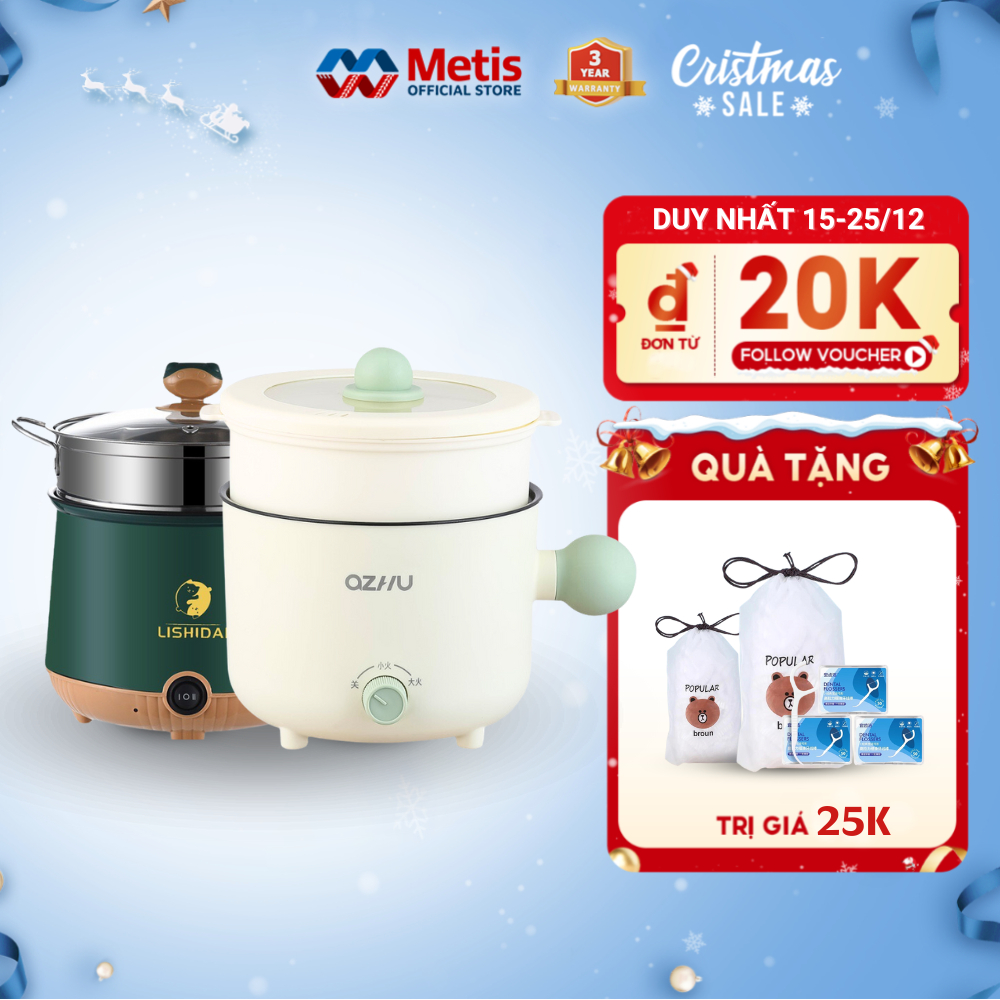 Nồi Lẩu Điện Mini Đa Năng Kèm Giá Hấp, Nồi Điện Shanban Chống Dính Dung Tích 2l Công Suất 600w