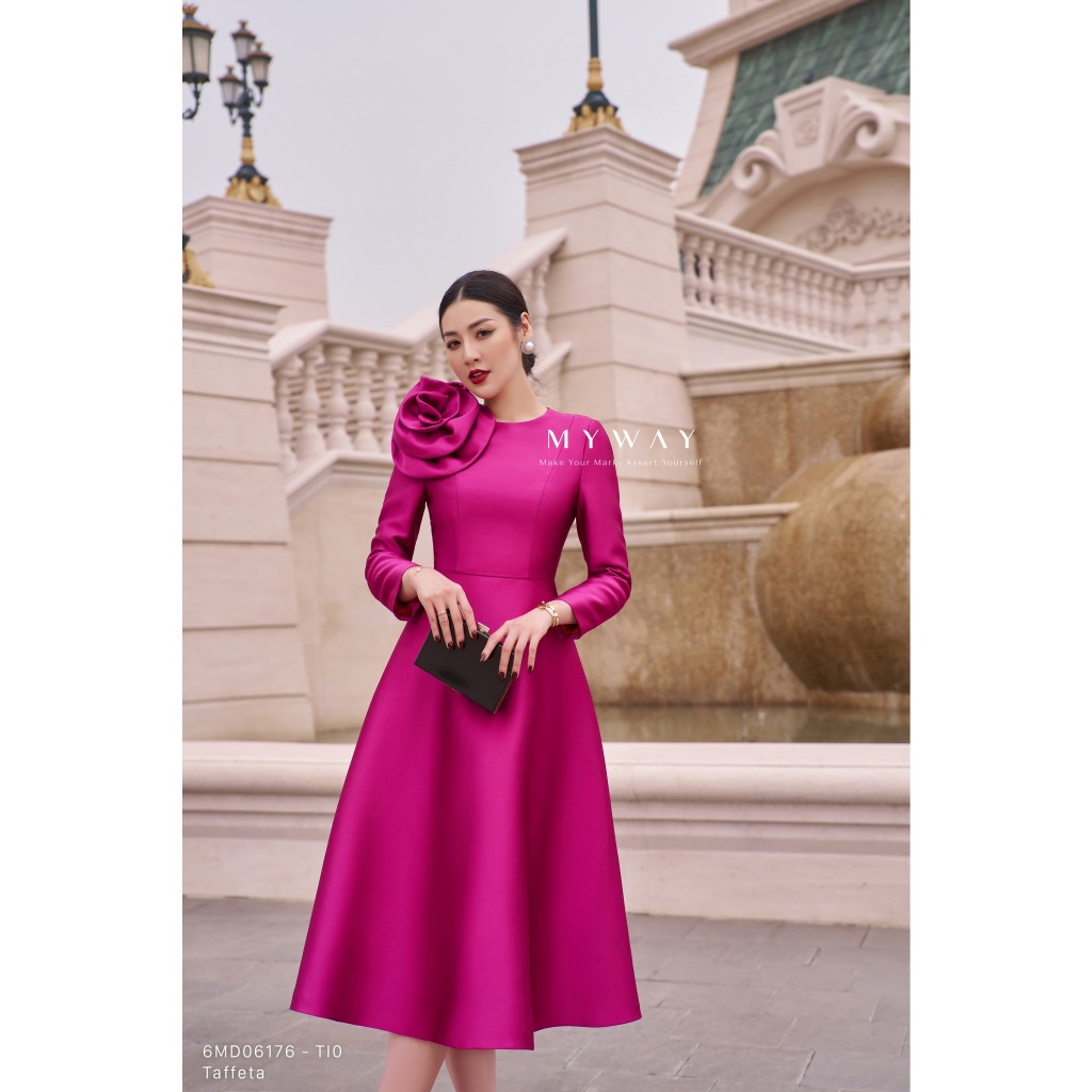 Đầm Dự Tiệc Nữ MY WAY Dài Tay Dáng Xòe Đính Hoa Sang Trọng 6MD06176