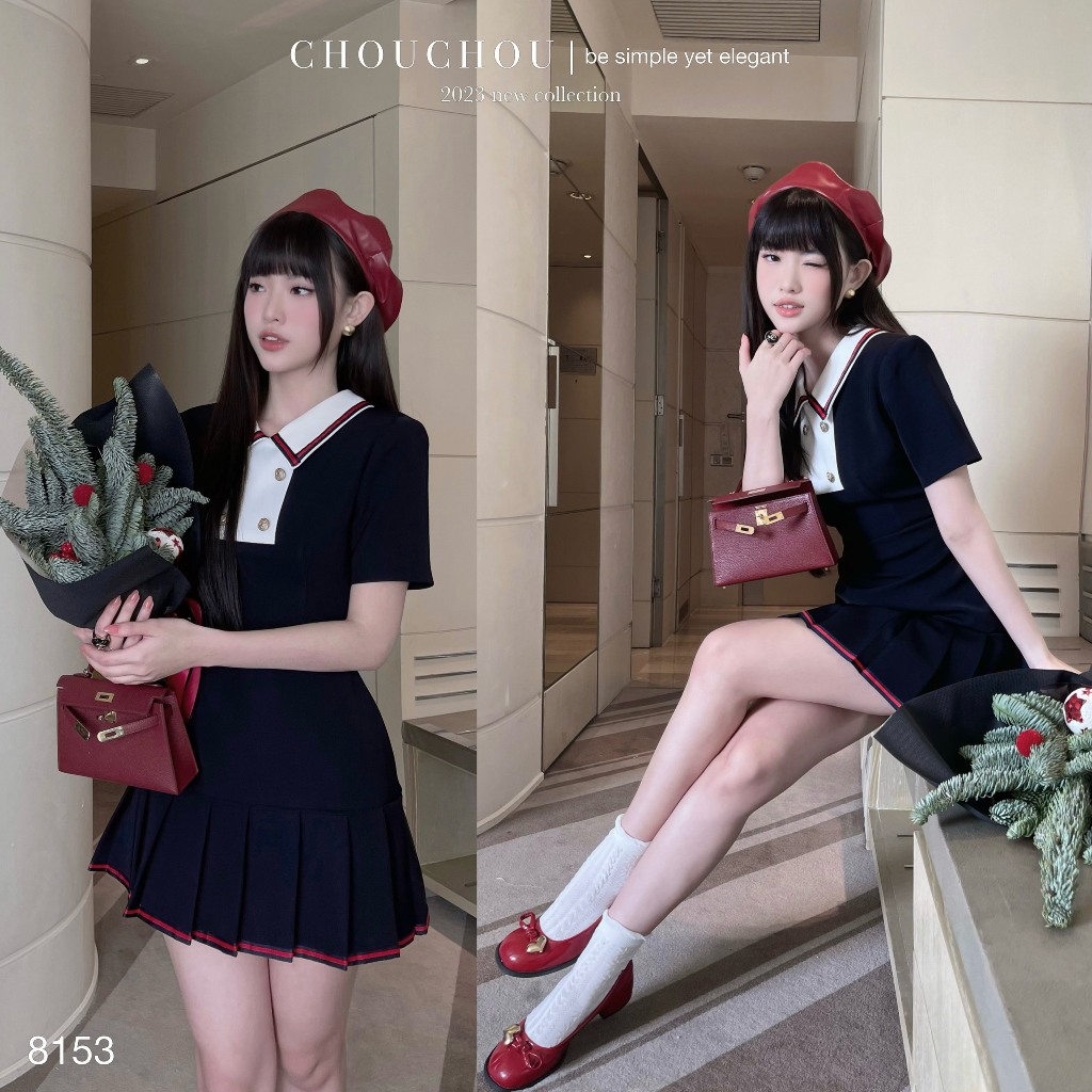 🌸ONEC 🌸ĐÂM POLO XANH ĐEN CỔ TRẮNG SƠ MI VIỀN ĐỎ XẾP LY ĐUÔI CÁ (TH)