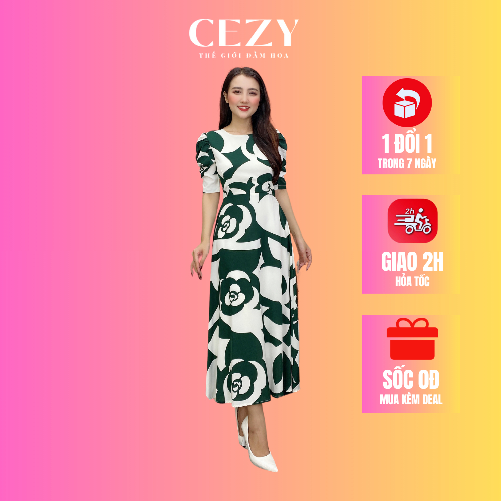 Đầm hoa nhí cổ tròn tay phồng dáng xòe dài có size bigsize CEZY D151