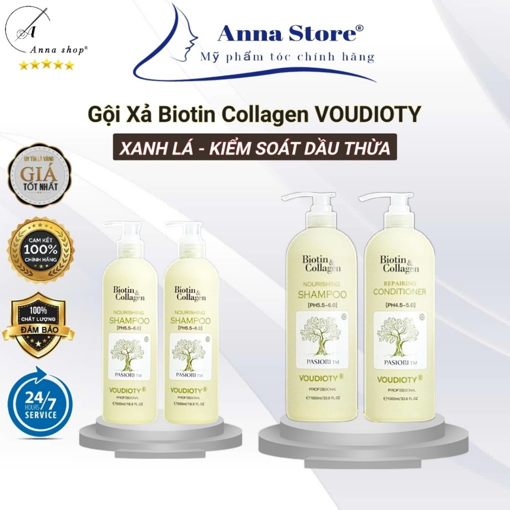 Dầu gội xả Biotin Collagen VOUDIOTY xanh lá, gội xả kiềm dầu phục hồi tóc tinh chất thiên nhiên 500ml - 1000ml