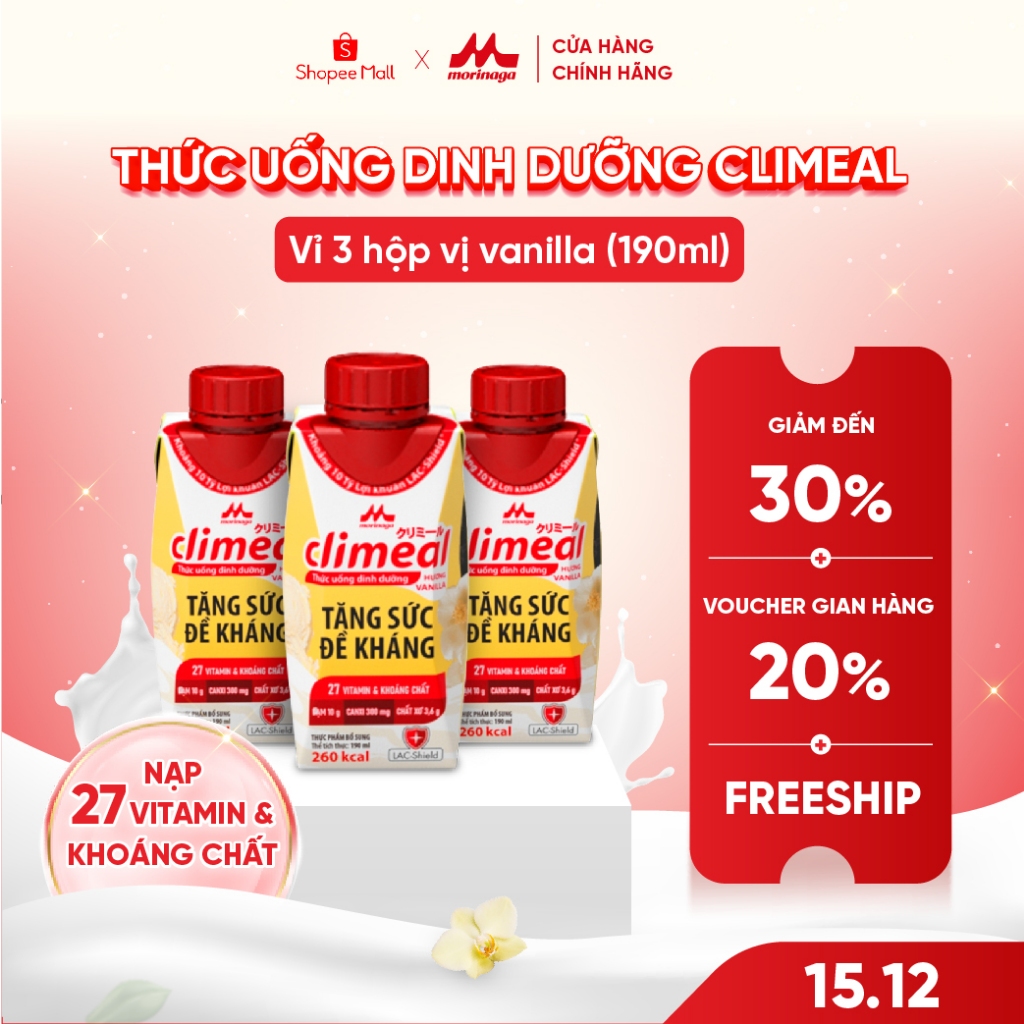 Vỉ 3 hộp 190ml Thức uống dinh dưỡng Climeal - Hương vanilla