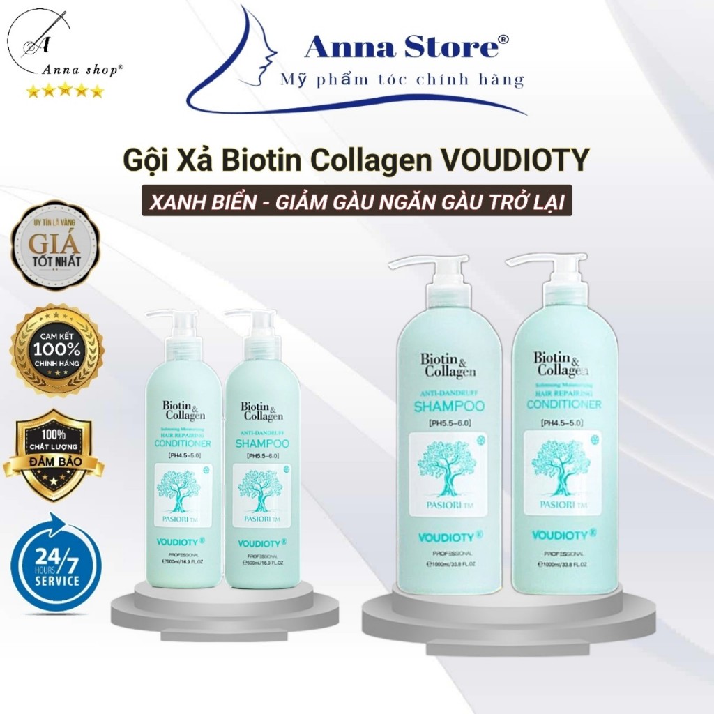 Dầu gội xả Biotin Collagen VOUDIOTY xanh dương, gội xả Giảm gàu phục hồi tóc tinh chất thiên nhiên 500ml - 1000ml