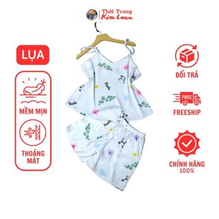 [VIP58] - Đồ bộ 2 dây nữ màu trắng hoạ tiết dễ thương chất liệu lụa latin cao cấp - Đồ bộ mặc nhà Thời Trang Kim Loan