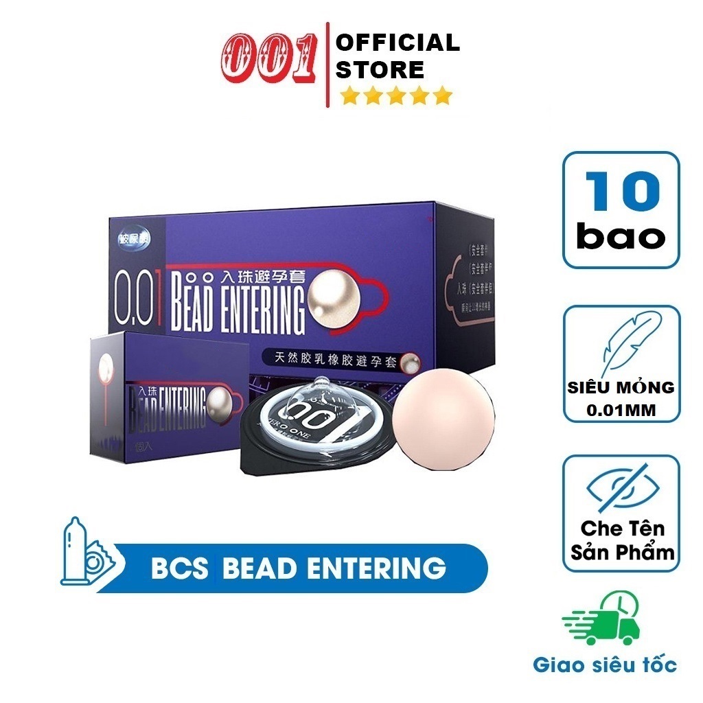 Bao cao su Bead Entering,[Hộp 10 chiếc]  siêu mỏng 001, nhiều gel bôi trơn, Có 1 Bi tăng chiều dài 3cm