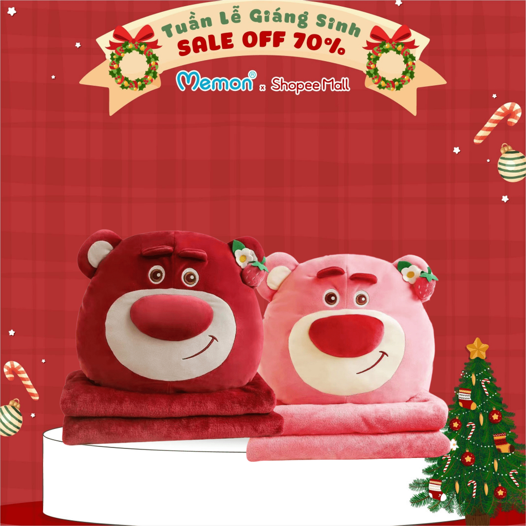 Gối Chăn Mền Gấu Lotso Huggin Bear Tai Dâu Có Dây Đeo Cao Cấp Memon