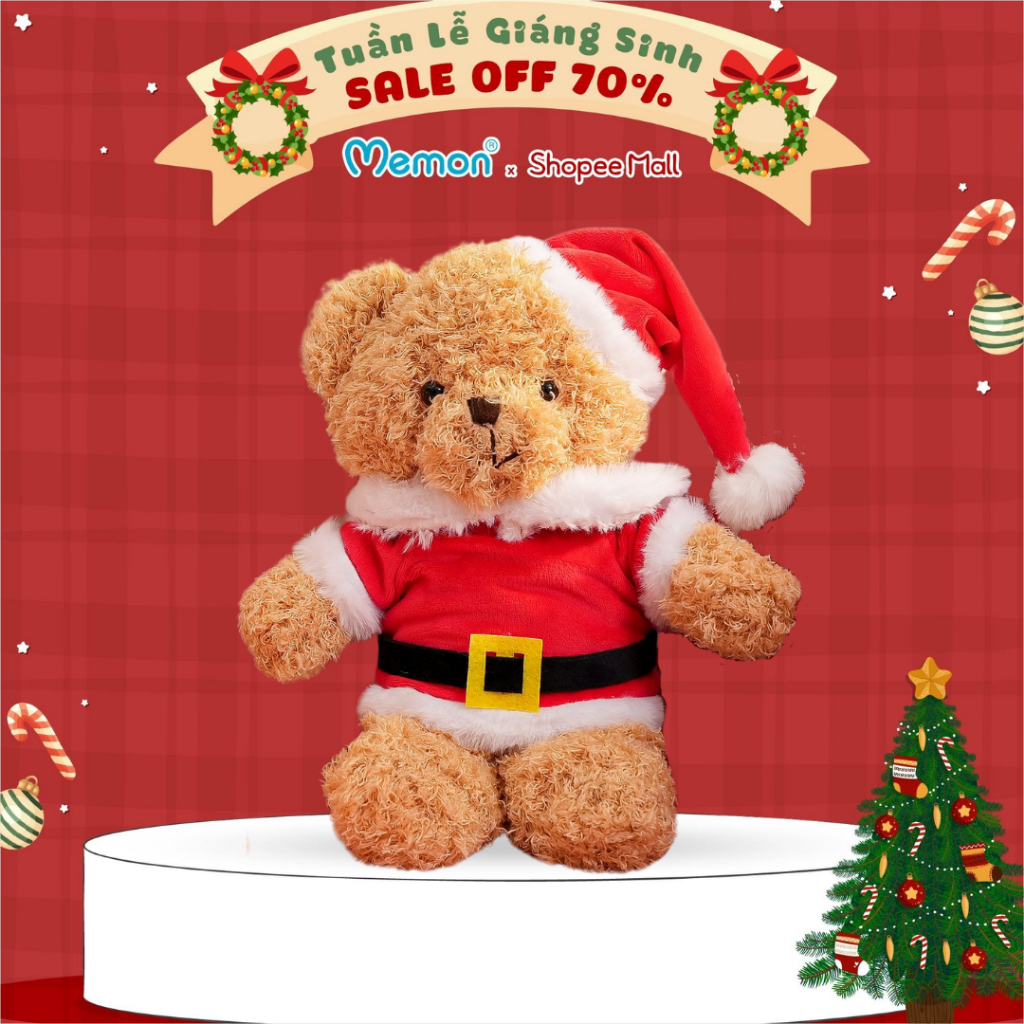 Gấu Bông Teddy Head Áo Mũ Noel 30cm Quà Tặng Giáng Sinh Mềm Mịn Đáng Yêu Memon