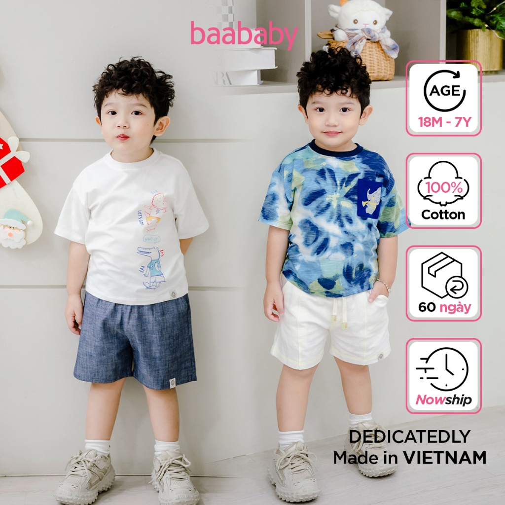 Áo thun bé trai, áo thun form rộng cho bé trai cotton ép logo cho bé từ 1 tuổi - 7 tuổi Baa Baby - B-BT-AT30N