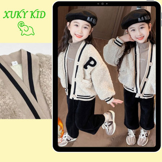 Áo Khoác Cardigan Lông Cừu XUKYKID, Áo Khoác Lông Cừu Chữ P Sành Điệu Cho Bé Gái