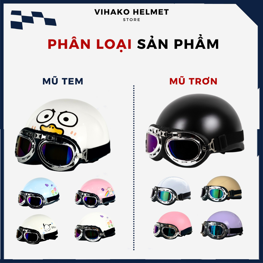 Mũ bảo hiểm nửa đầu Vihako helmet kính phi công, nón 1/2 kính uv chính hãng trơn tem, nhiều màu, nam nữ học sinh