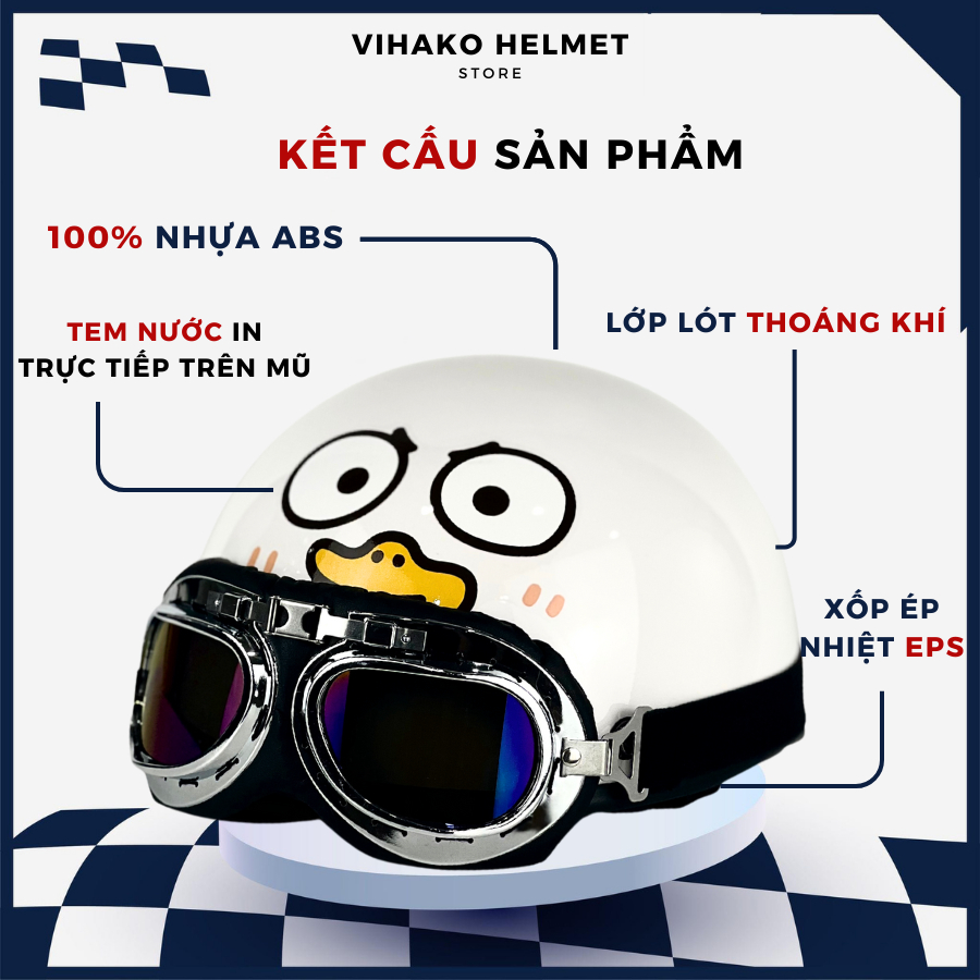 Mũ bảo hiểm nửa đầu Vihako helmet kính phi công, nón 1/2 kính uv chính hãng trơn tem, nhiều màu, nam nữ học sinh