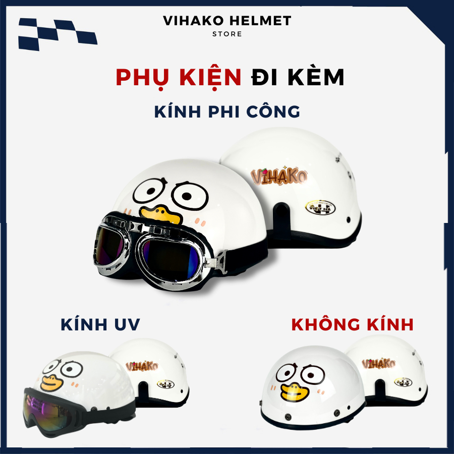 Mũ bảo hiểm nửa đầu Vihako helmet kính phi công, nón 1/2 kính uv chính hãng trơn tem, nhiều màu, nam nữ học sinh