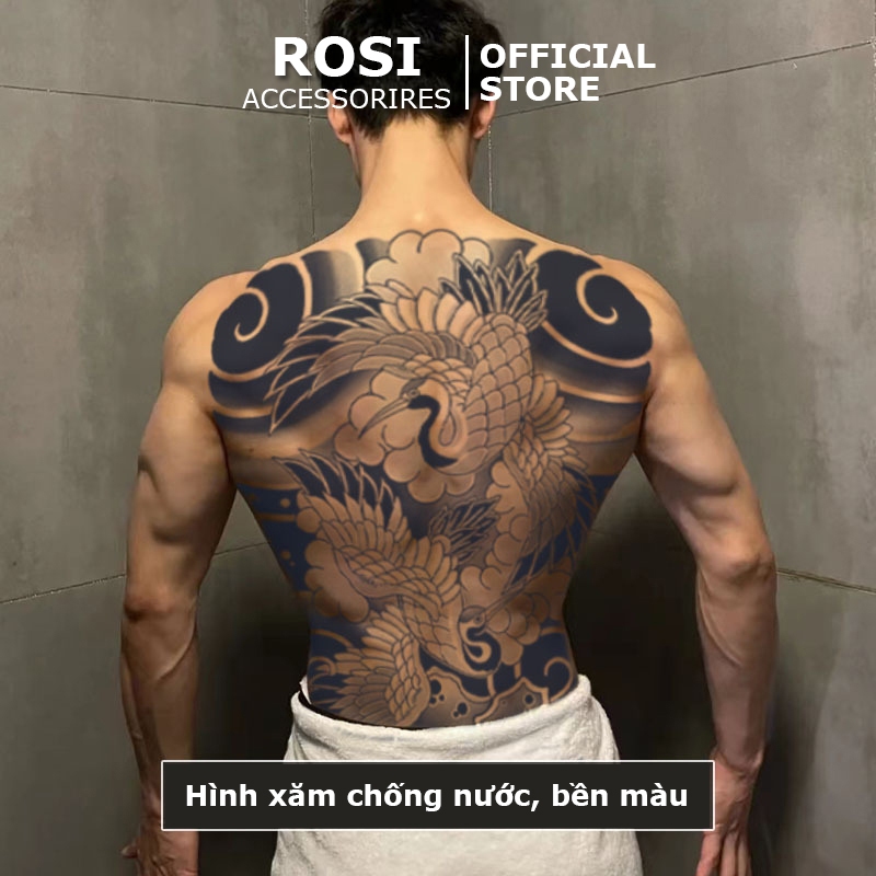 Hình xăm 15 ngày nhật cổ song hạc BD-008, miếng dán hình xăm full lưng chống nước