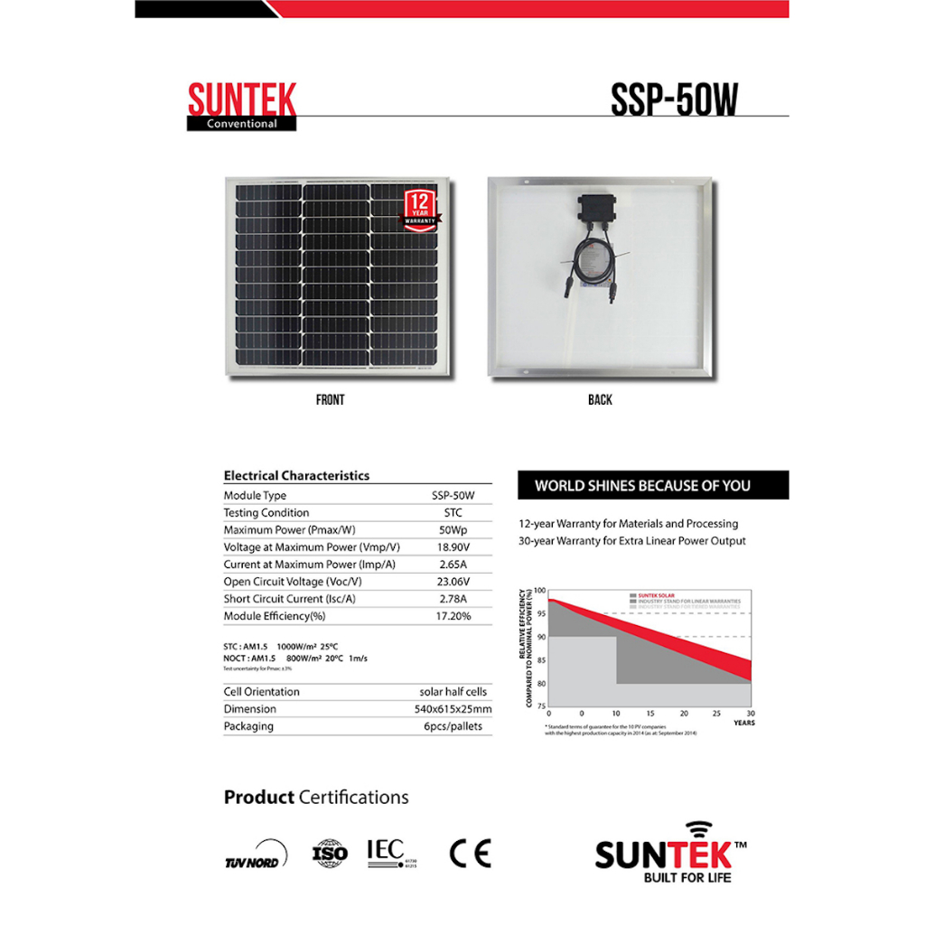 COMBO Bộ Sạc Acquy Pin Bằng Năng Lượng Mặt Trời SUNTEK SA50W/30A - Hàng Chính Hãng - Bảo hành 12 năm Tấm Pin
