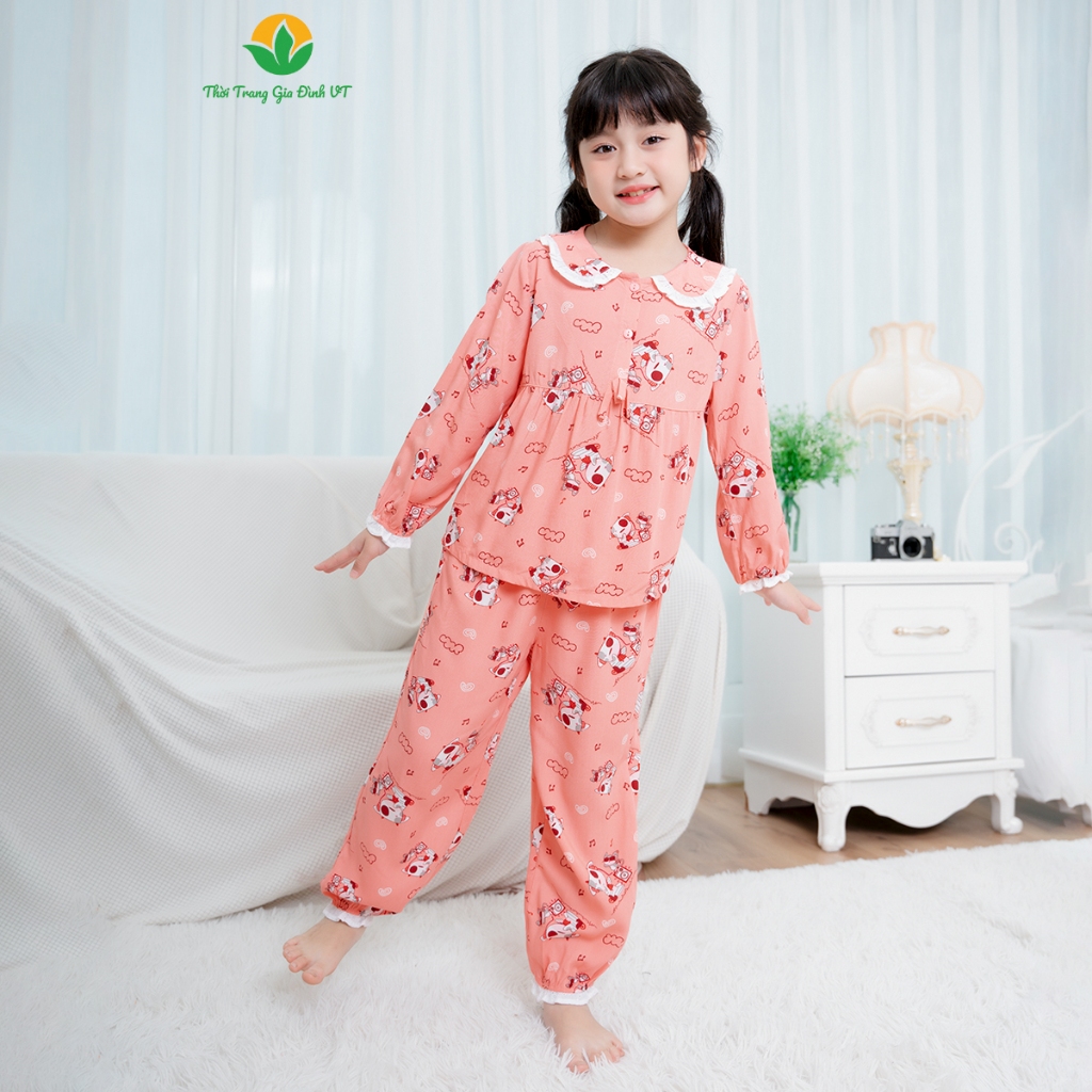 Bộ đồ lanh bé gái mặc nhà thu đông quần dài, áo dài tay cổ sen phối ren thời trang Việt Thắng - B70.2319