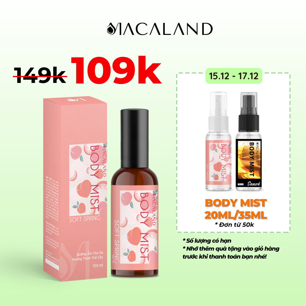 Body Mist đào Soft Spring MACALAND 20ml/100ml hương trái cây đào ngọt ngào tươi mát