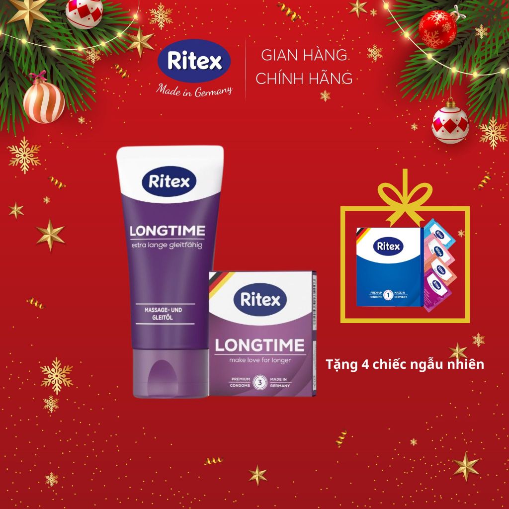 Bộ 1 hộp bao cao su Ritex Longtime kéo dài (3 bao/hộp) và 1 chai Gel bôi trơn Longtime thân dầu 50ml