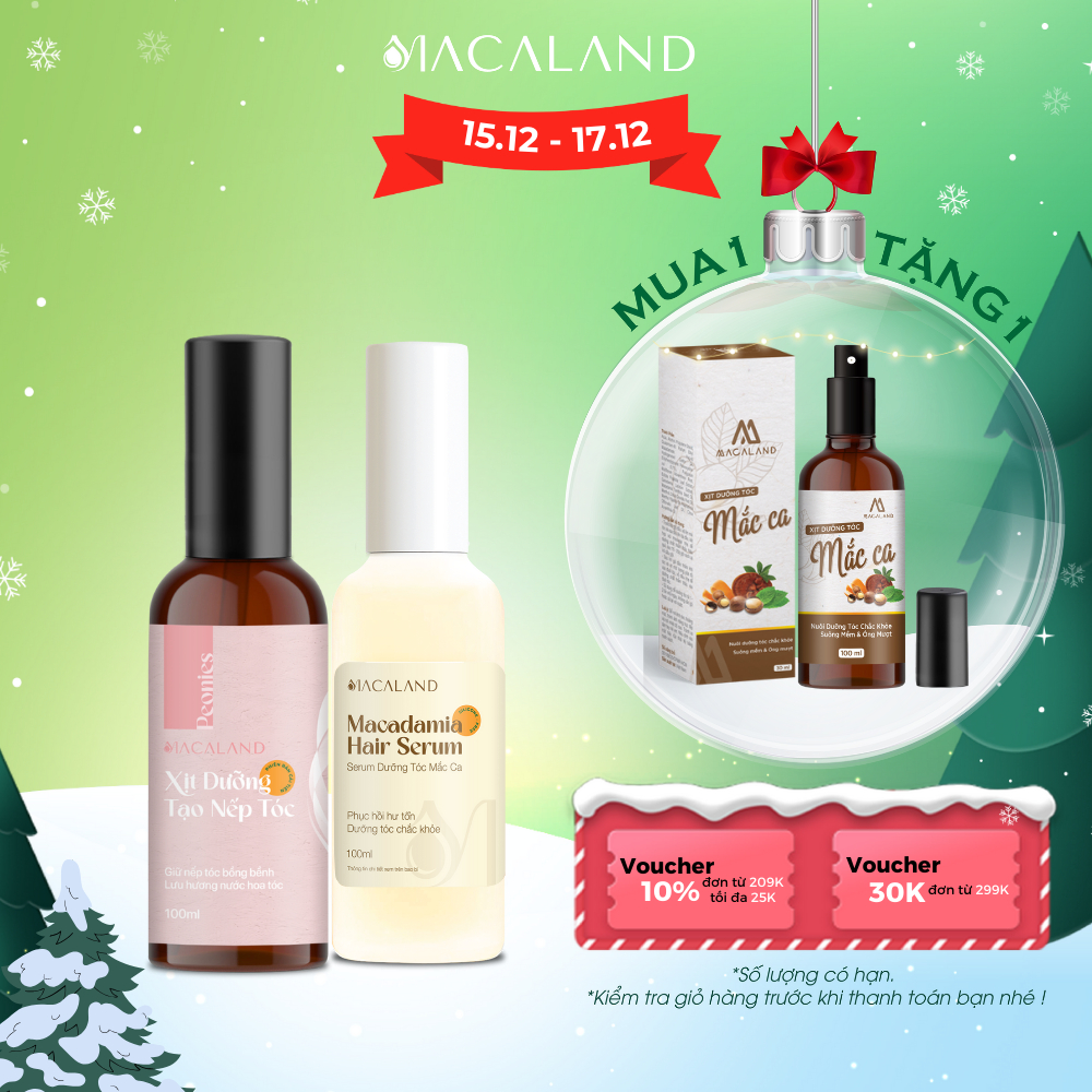 COMBO Xịt giữ nếp tóc tạo kiểu 100ml lưu hương nước hoa quyến rũ và Tinh dầu dưỡng tóc hạt Mắc Ca 100ml Macaland