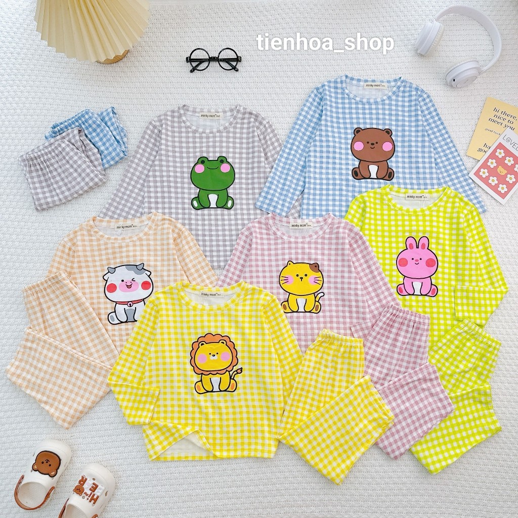 [Bé 7-32kg] Bộ Dài Tay Thun Lạnh Caro in hình cute Mềm Mịn Mát Hàng Chuẩn Loại 1 MINKY MOM cho bé trai bé gái từ 7-32kg