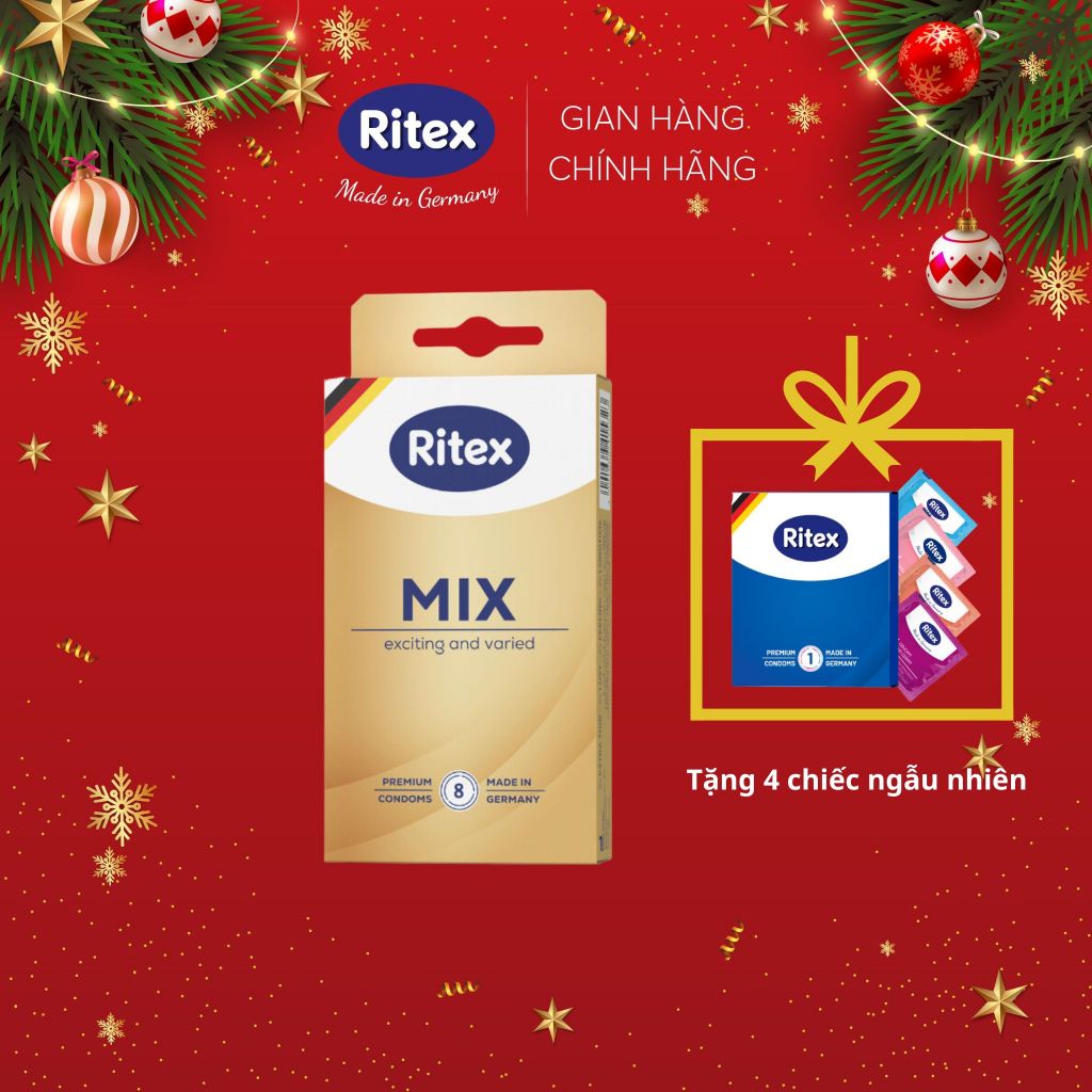 Bao cao su Ritex Mix nhiều loại siêu mỏng, gân gai, kéo dài hộp 8 bao