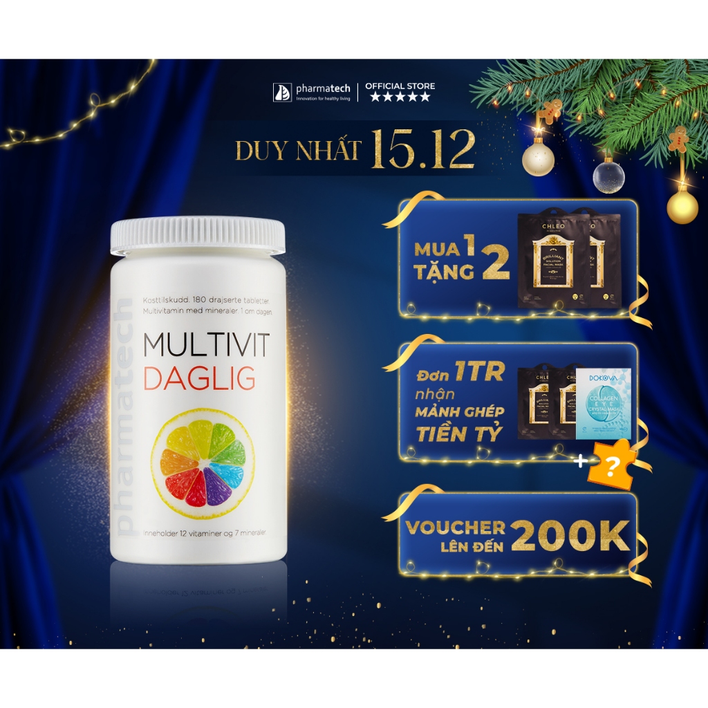 Viên uống vitamin tổng hợp bổ sung 12 loại vitamin và 7 loại khoáng chất  MULTIVIT DAGLIG  lọ 180 viên (180 ngày)