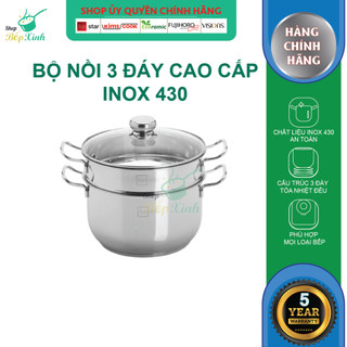 Bộ nồi xửng hấp 3 đáy từ Fivestar nắp kính size 24cm , tặng 1 vá canh