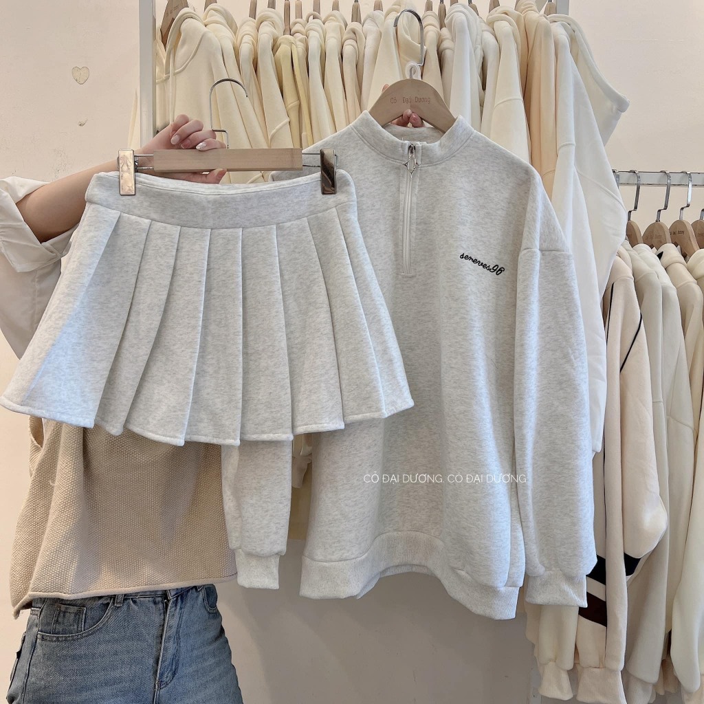 Set đồ bộ nữ áo sweater khóa kéo kèm chân váy tennis nữ chất liệu nỉ tàu cao cấp kiểu dáng thể thao