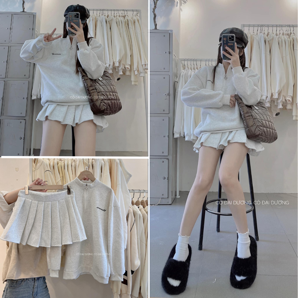 Set đồ bộ nữ áo sweater khóa kéo kèm chân váy tennis nữ chất liệu nỉ tàu cao cấp kiểu dáng thể thao