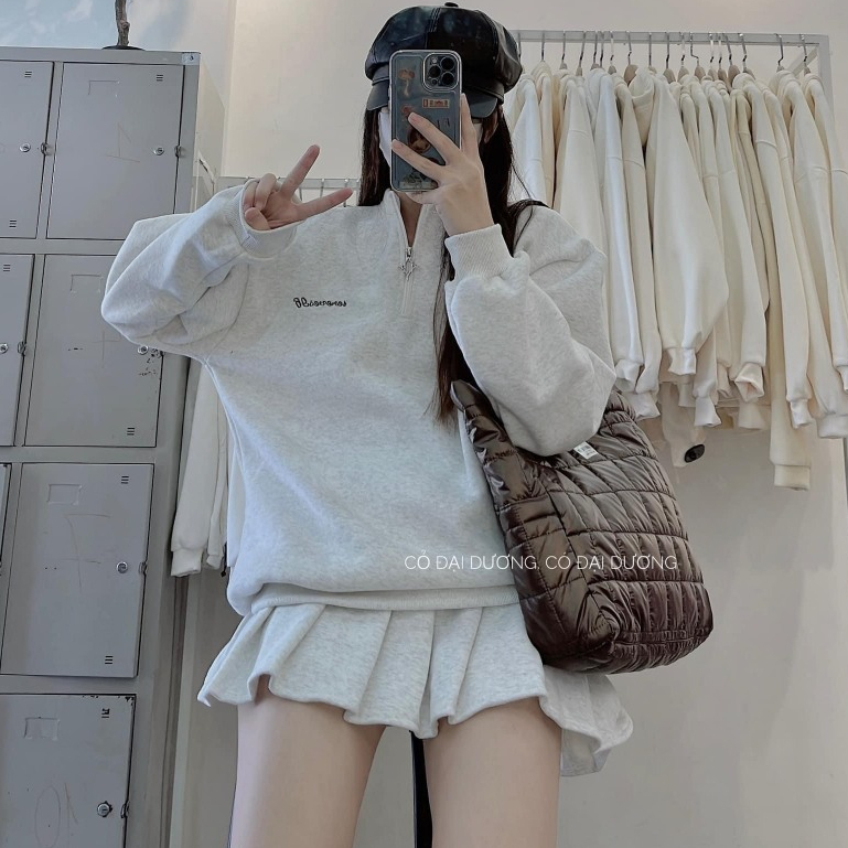 Set đồ bộ nữ áo sweater khóa kéo kèm chân váy tennis nữ chất liệu nỉ tàu cao cấp kiểu dáng thể thao