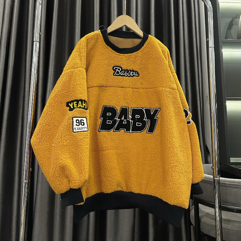 Áo lông unisex form rộng, áo sweater lông thêu chữ BABY nhiều màu chất liệu lông cừu nhân tạo