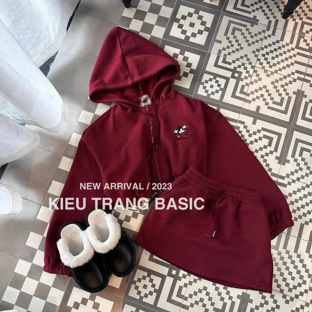 Set nỉ thêu chú chuột MÍT KI kèm chân váy phối Bộ nỉ mũ phối hình ngực mix chân váy MOONYHANOI TVV